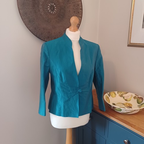 CC Teal Green Blue Taffeta Linen Blend Cropped Jacket Bolero 12 Occasion Elegant