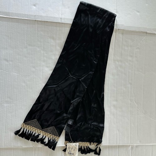 Tanner 100% Silk 8" x 60" Rectangle Black w/Gold-tone Beaded Fringe Scarf - Picture 4 of 15