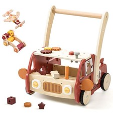 3-in-1 Wooden Baby Walker Adjustable Height with Tool Bench and Toy Storage W...