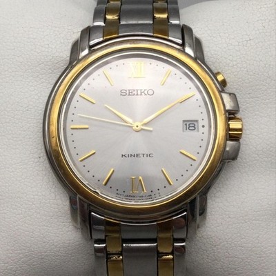 Seiko Kinetic Mens Watch 36mm Silver Gold Two Tone Date 5M42-0J69 Bracelet 7.75''