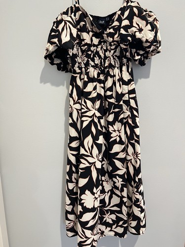 Women’s Dress Gap LARGE Off-Shoulder Puff Sleeve Maxi Black Orange Floral - Picture 5 of 10