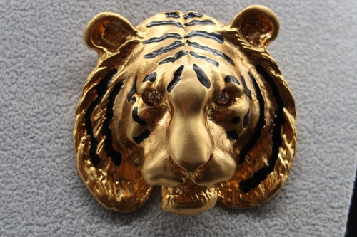 Vtg Doreen Ryan Matte Gold & Black Enamel Rhinestone Eye Big Cat Pin Unsigned - Picture 4 of 16