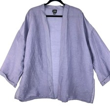 Eileen Fisher Linen Silk Kimono Jacket Sz L Lavender Sheer 3/4 Sleeve Minimalist