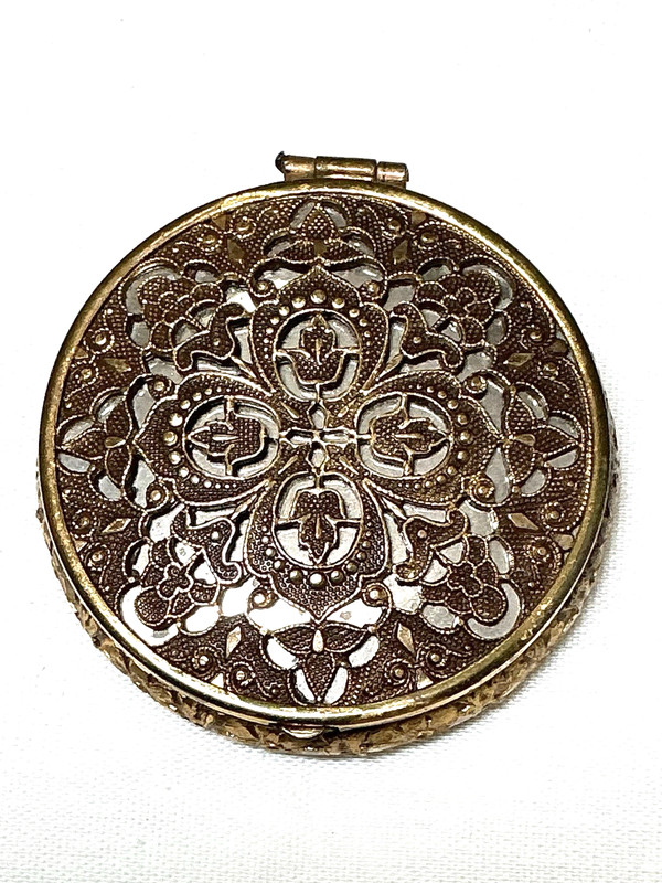 Vintage Brass Filigree Mirror Compact, Powder and Rouge
