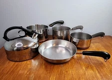 Revere Ware 1801 Stainless Steel/Copper Bottom 5 Pc Set Skillet Tea Kettle Pots