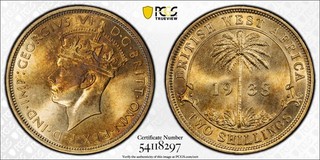 1938 KN British West Africa 2 Shilling PCGS SP65 King's Norton Mint Collection