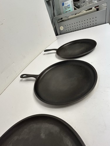 3 Cast Iron Griddle Skillets 9.7”, Package Handled Flat Round, S8 #8, Used - Picture 5 of 16