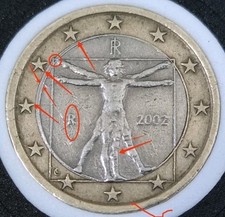 Rare Error (Double Inner Stamp) 1 euro coin 2002 italy.Circulated with defects.