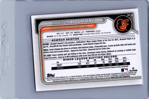 2024 Bowman #BCP-47 Jackson Holliday Chrome Prospects - Picture 2 of 2