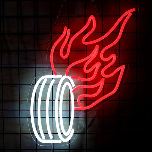 Fire Car Neon Sign Burning Tire Neon Light LED Light Up Sign for Man Cave Dec... - Foto 1 di 5