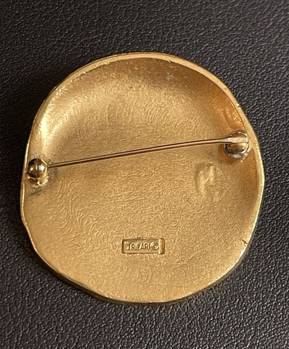 Vintage Krone Trifari Limette Scheibe Brosche Anstecknadel grün Emaille goldfarben MCM - Bild 6 von 7