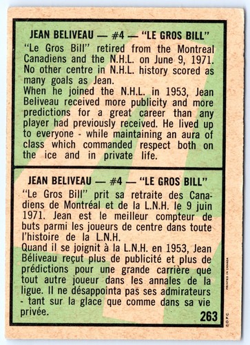 JEAN BELLEVEL RETIRA 1971-72 O-PEE-CHEE 71-72 #263 VGEX 86613 - Imagen 2 de 2