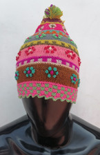 Unisex Chullo Knitted Sheep Wool Multicolored Flowers Cusco