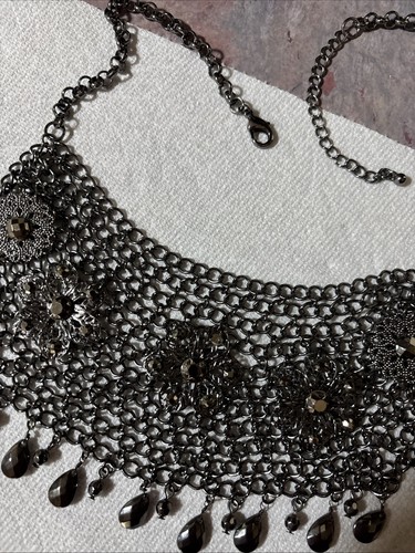 20” Black Plated Black & Gray Crystal Beaded Bib Necklace - Picture 9 of 11