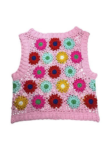 Daisy Flower Crochet Knit Granny Flowers Vest Tank Crop Top M Sleeveless Sheer - Picture 7 of 8