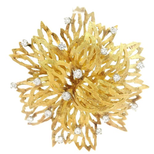 Vintage Yellow Gold Diamond Large Textured Flower Spray Fiery Pin Brooch - Picture 1 of 8