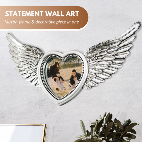 Silver Wings Mirror Photo Frame Heart Shape Home Decor Feathered Wall Hanging - Picture 20 of 24