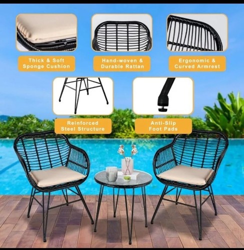 Patio Set 3 Piece Outdoor Wicker Furniture Bistro Garden Chairs And Table  - Picture 2 of 6
