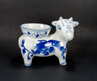 Floral Cow Statue Figure w/Bowl Blue White Chinoiserie Ceramic Trinket Dish