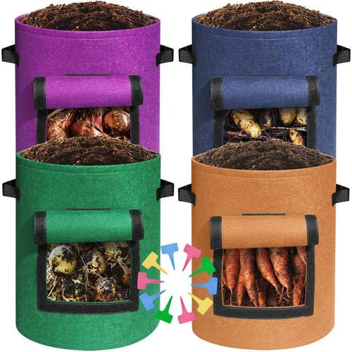 400G Thickest 4 Pack 10 Gallon Multi Colored Potato Growing Bags with Plant Tags