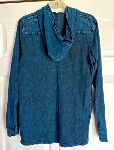 Buckle Black Mens Size M Acid Washed Denim-Look Hooded Henley Shirt Navy Indigo - Picture 4 of 11