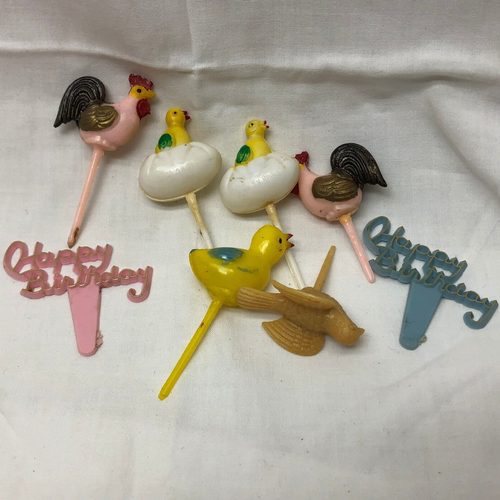 8 Vintage Cake Cupcake Toppers plastic Picks Happy Birthday Birds Chicks - Picture 8 of 8