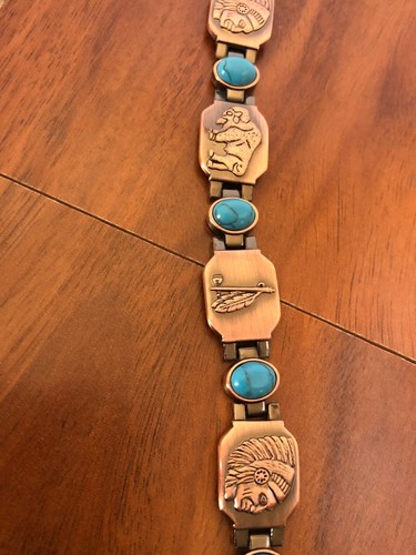 Native American Indian Style Antique Copper Magnetic Bracelet Turquoise Stone - 第 1/4 張圖片