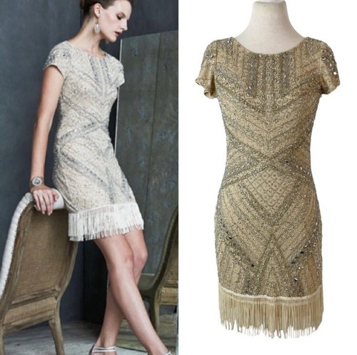 Abito da cocktail Aidan Mattox frange perline avorio Flapper anni 20 1923 Yellowstone 2