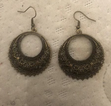 Retro Vintage Bronze Filigree Fish Hook Gypsy Earrings