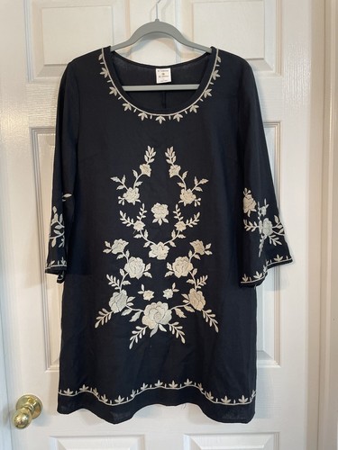 By Together Black Cotton Blend Tan Embroidered Floral Dress Size L Women’s Boho - Picture 2 of 15