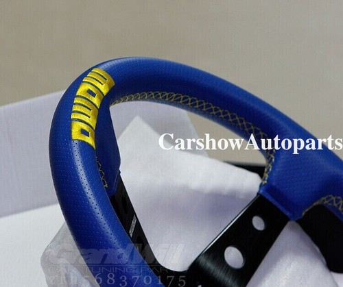 MOMO 350mm 14' Blue Perforated Genuine Leather Deep Cone Sport Steering Wheel - Picture 8 of 13