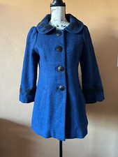 Anthropologie Elevenses Blue 100% Wool Embroidered Jacket Coat Size 4