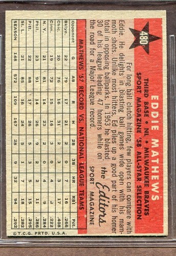 1958 Topps Set-Break #480 Eddie Mathews AS EX-EXMINT *JAYSACE* - Picture 2 of 2