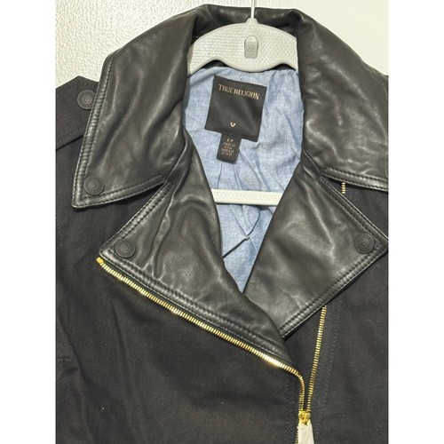 True Religion Denim and Leather Sleeve Moto Biker Jacket Size Small Petite - Picture 5 of 11
