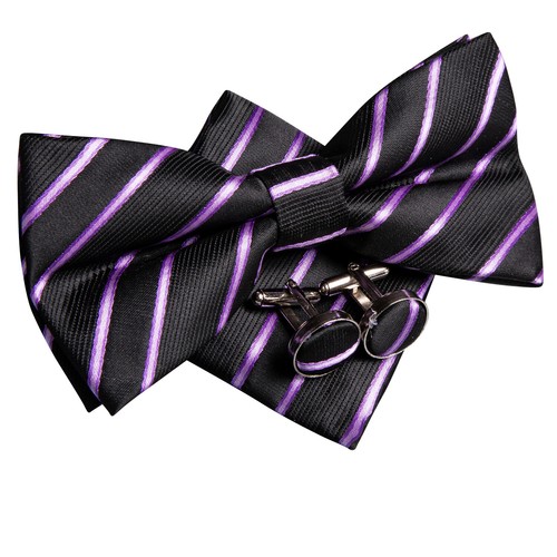 Silk Bow Tie and Pocket Square Cufflinks Set Mens Pretied Bowtie Designer Gift - Picture 112 of 156
