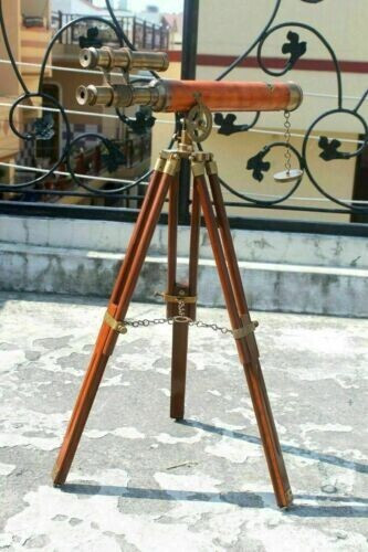 Nautical Antique Double Barrel Leather Telescope With Wooden Tripod Stand Decor