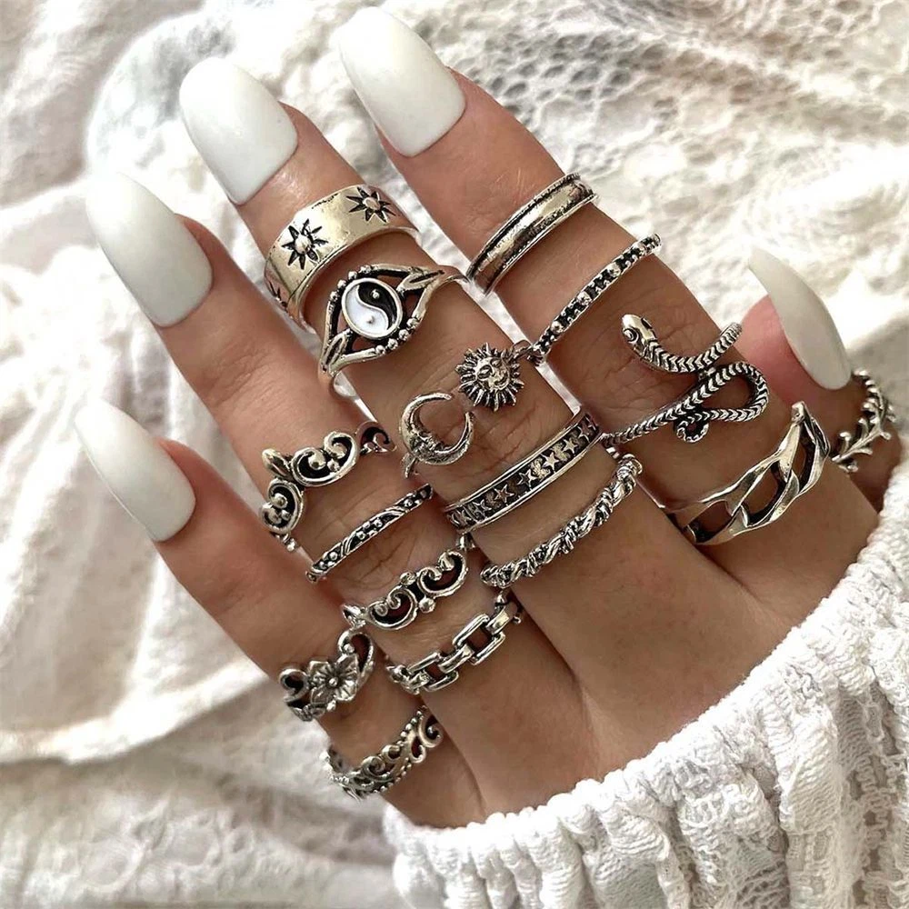 Vintage Rock Gothic Punk Hand Accessories Rings Set Snake Midi