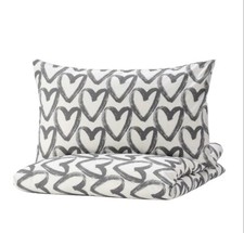 NEW IKEA LYKTFIBBLA Duvet Cover w/ Pillowcase White Gray Hearts Twin Bedding Set