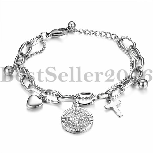 Women Girls Saint Benedict Exorcism Cross Heart Charm Stainless Steel Bracelet - Picture 3 of 18