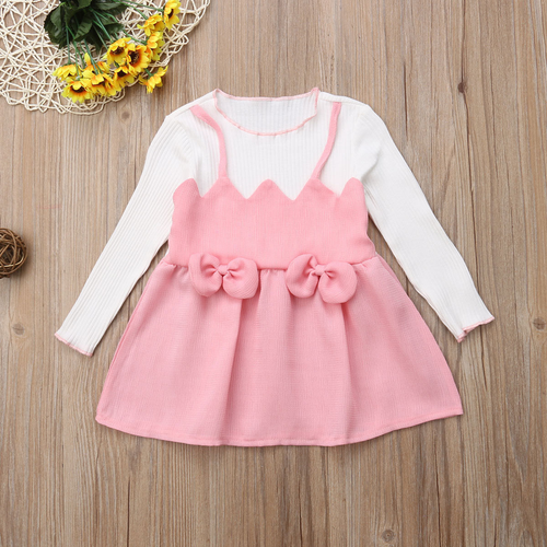 Toddler Kids Baby Girls Patchwork Tulle Bowknot Knit Dress Princess Clothes - Picture 3 of 8