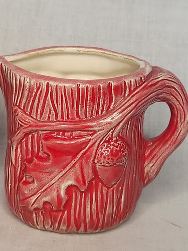 Vintage Studio Pottery Cream & Sugar Set Wood Grain Acorn Oak Leaf Red - Picture 6 of 11