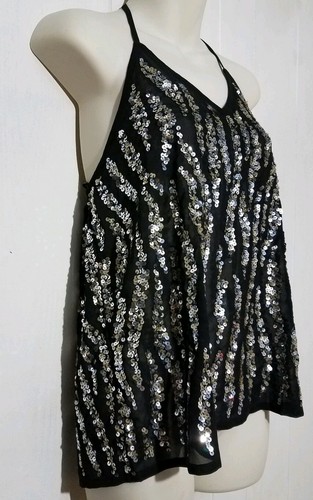 BKE Boutique Womens Sequence Sheer Halter Top Tank Shirt XS XSmall Sparkle Black - Picture 3 of 7