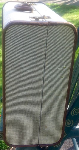 Vintage 1940's Mendel Tweed Striped Suitcase Luggage Leather Handle and Trim - Picture 4 of 12