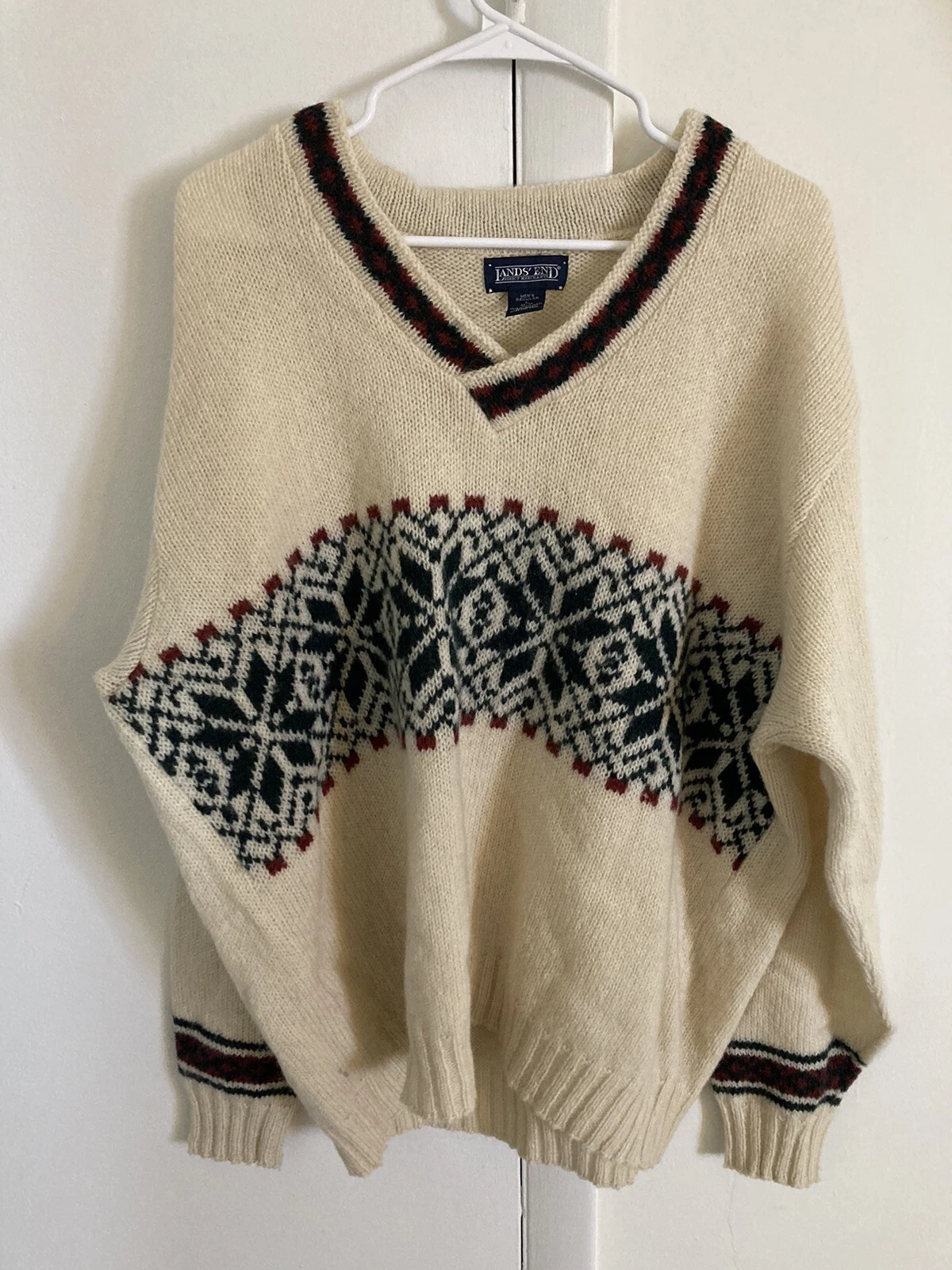 Lands End Vintage Sweater Large Wool Nylon Crewneck Pullover Nordic Fair Isle