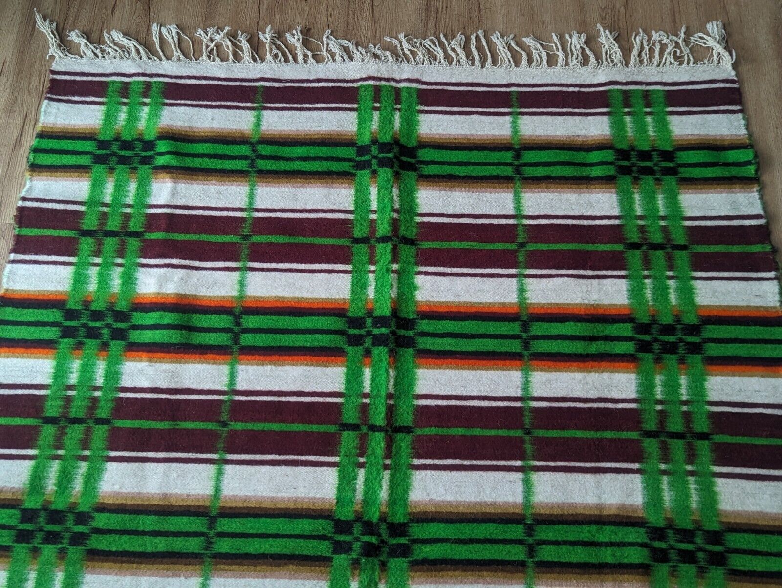 VINTAGE 1940s Reversible Woven WOOL MEXICAN WEDDING BLANKET MCM Green 78x57"