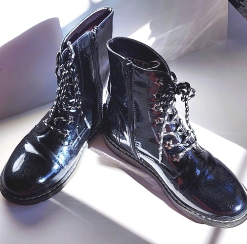 Girl's Patent Leather Combat Boots Black w/ Glitter By ID Required Size 4M Zips - Picture 10 of 10