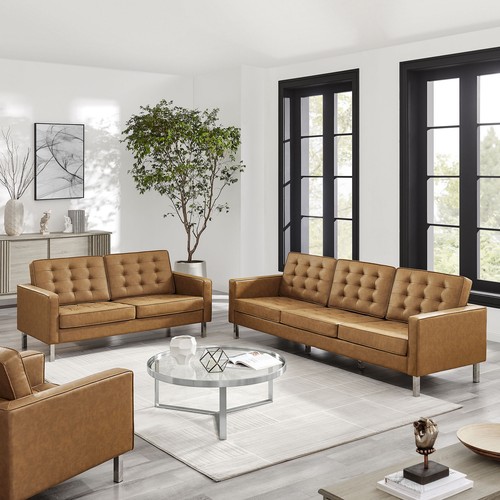 Loft2-Piece Tufted Vegan Leather Furniture Set in Silver Tan - Picture 8 of 10