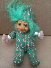 Vintage Russ Christmas Troll Candy Cane Doll Toy Plush Pajamas w Santa Hat