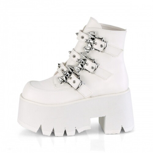 Gothic Ankle Boots ASHES-55 White Matte Bat Buckle Studs | DemoniaCult - Picture 3 of 12