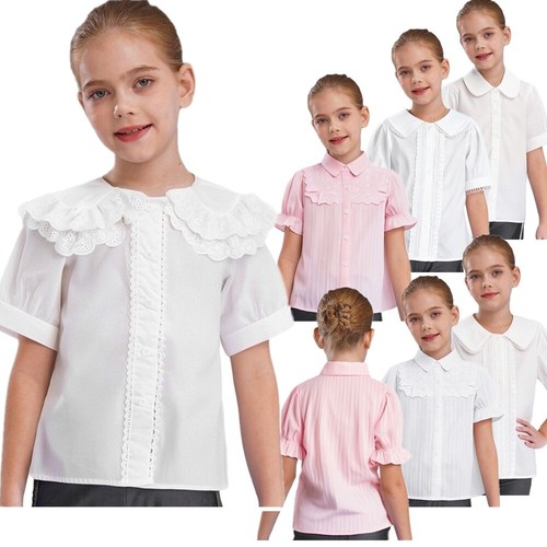 Girls Lace Trim Ruffle Blouses Puff Sleeve Shirts Princess Party Uniform Tops - Picture 3 of 59